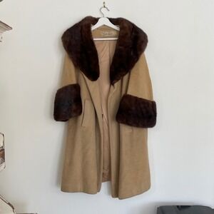 Vintage Lilli Ann Tisse a Paris Wool Coat Real Mink Fur Trim Camel Tan 1950s 60s